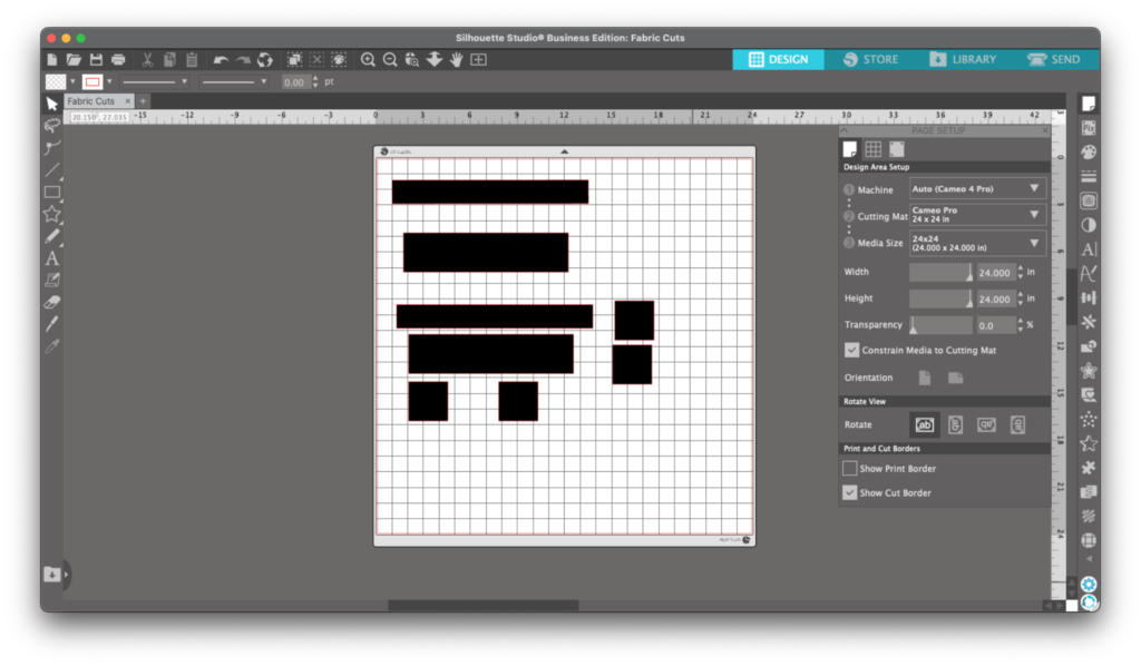 Silhouette Design Studio is opened and the fabric cuts are shown and ready to cut.