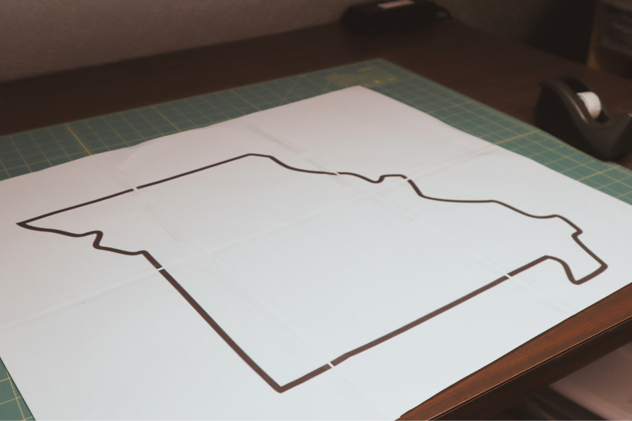 Outline of the state of Missouri printed on paper.